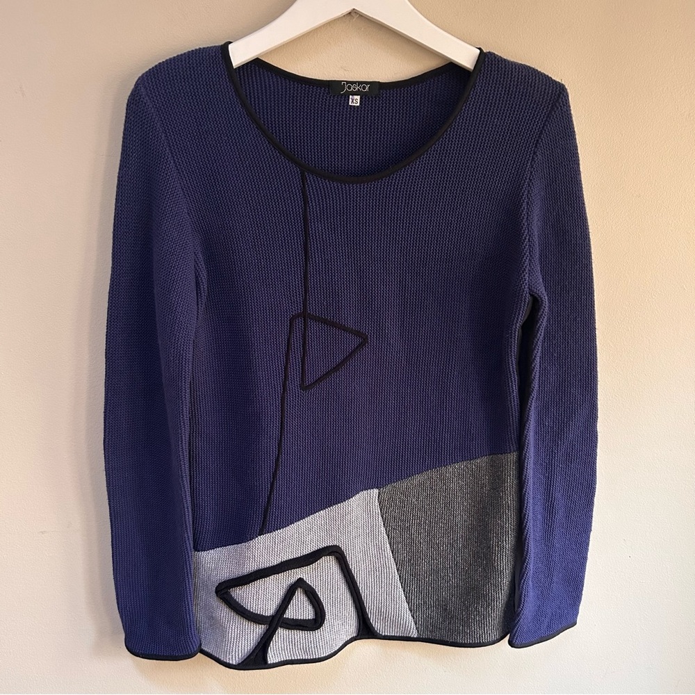 Jaskar ~Blue Retro Wearable Art Cotton Blend Knit Sweater Top-in XS